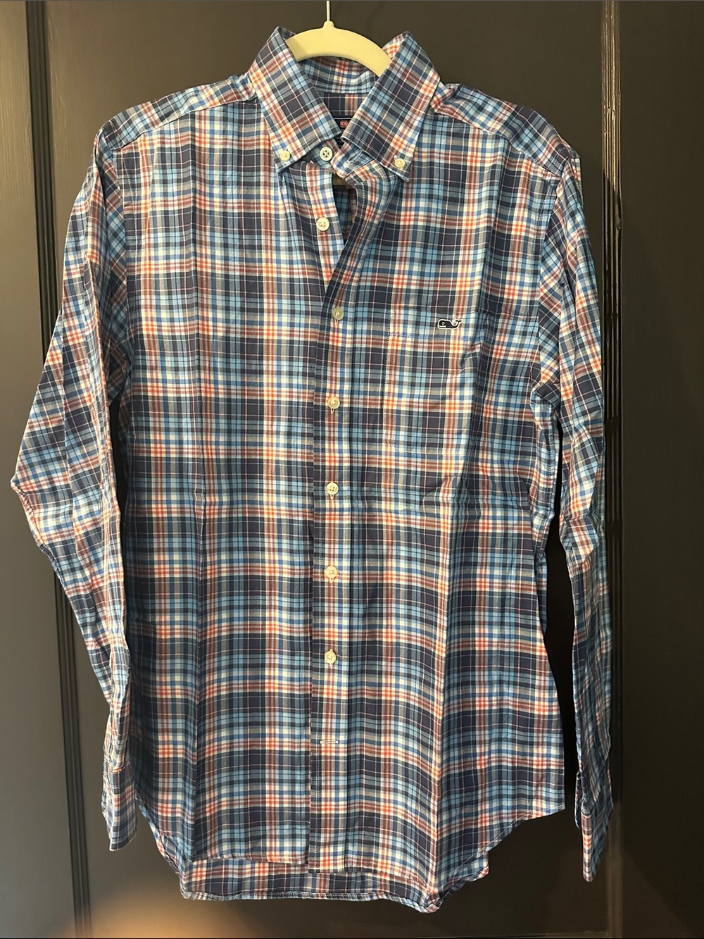 Vineyard Vines Navy, Light Blue & Coral Plaid Button-Down Shirt